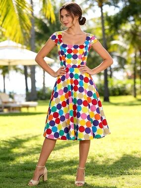 PUKAVT Cocktail Party Dress Cap Sleeve 1950 Retro Swing Dress Pockets Colorful S